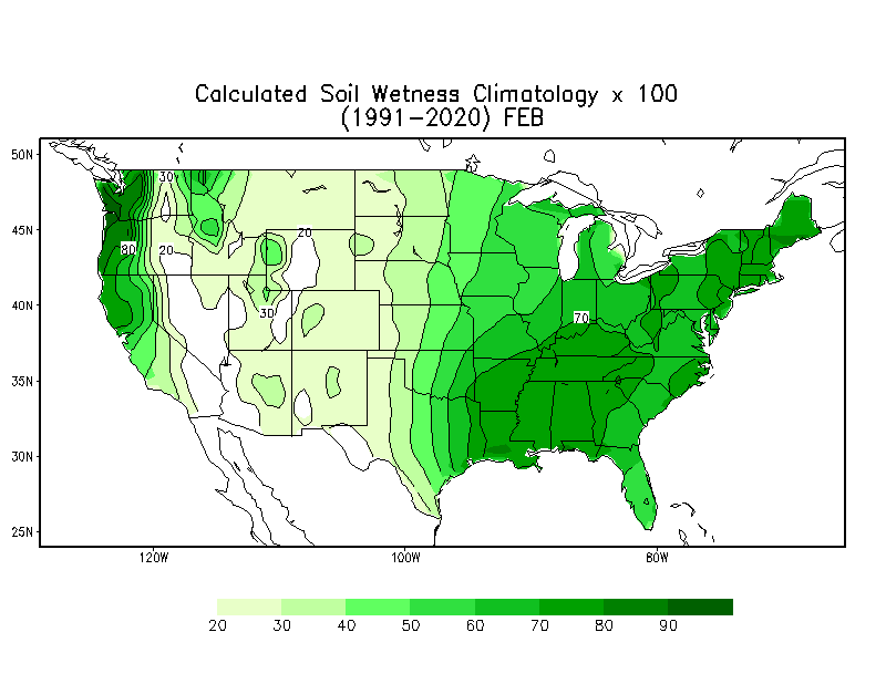 FEBRUARY Soil Wetness Climatology (mm)