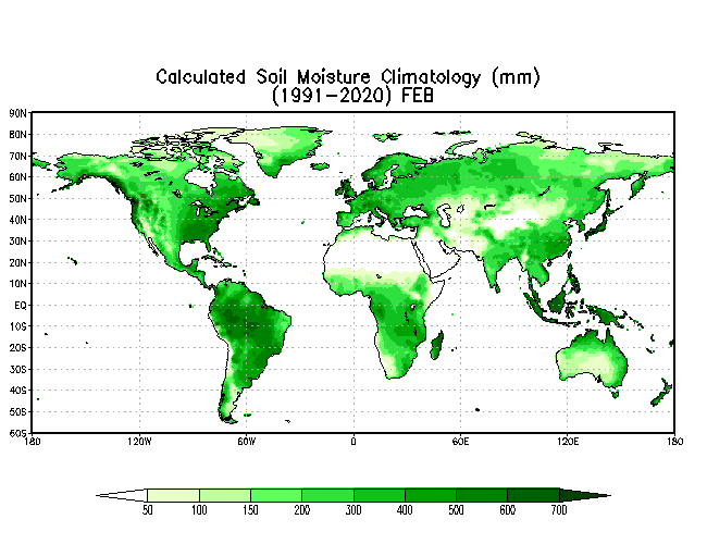 FEBRUARY Soil Moisture Climatology (mm)