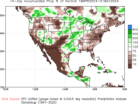 14-Day % of Normal Precipitation