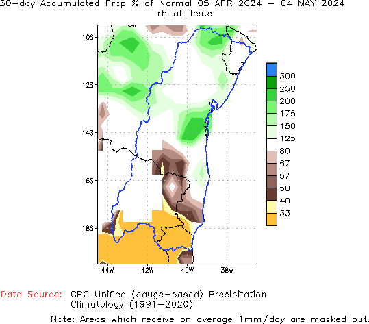 30-Day Percent of Normal Precipitation (%)