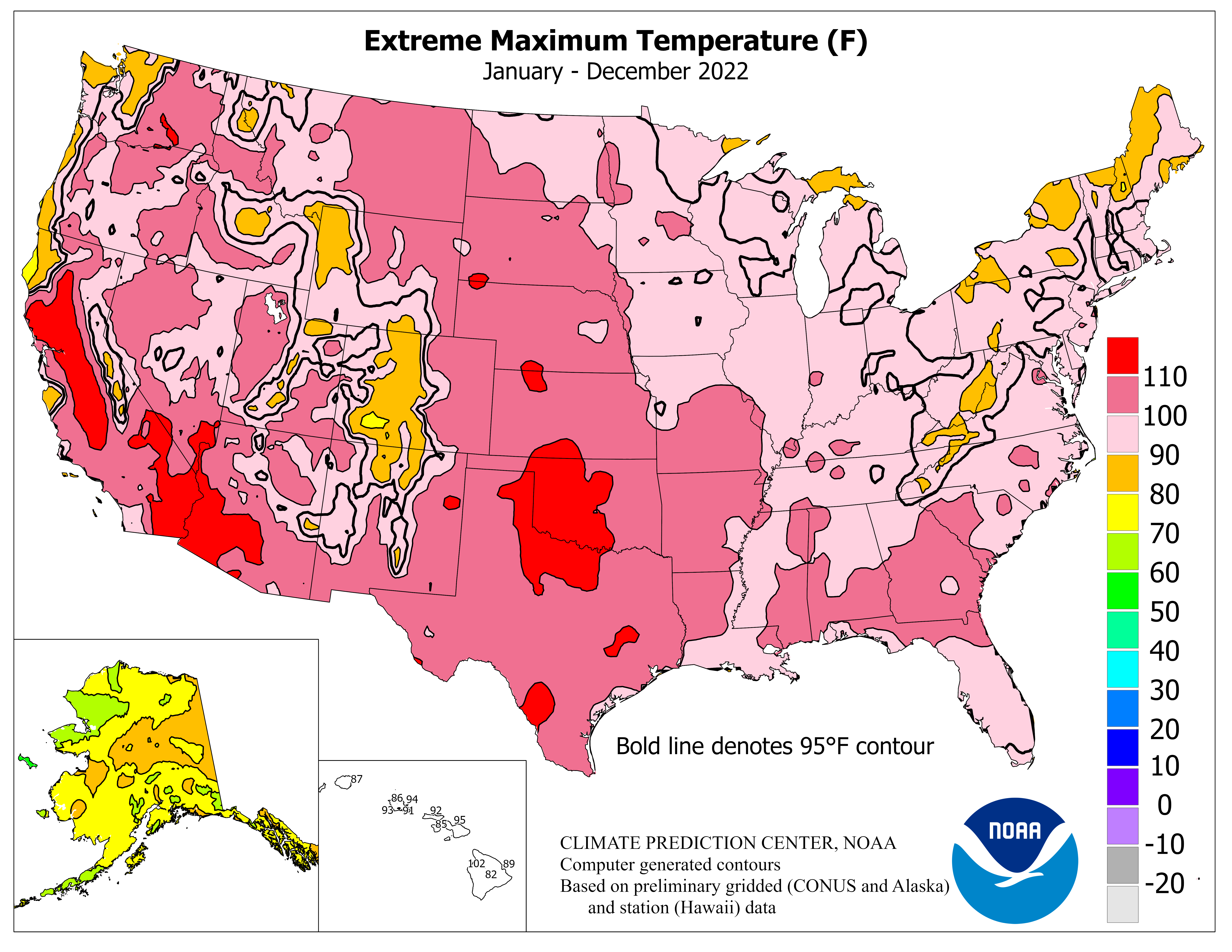 United States Twelve Month Extreme Maximum Temperature Graphic