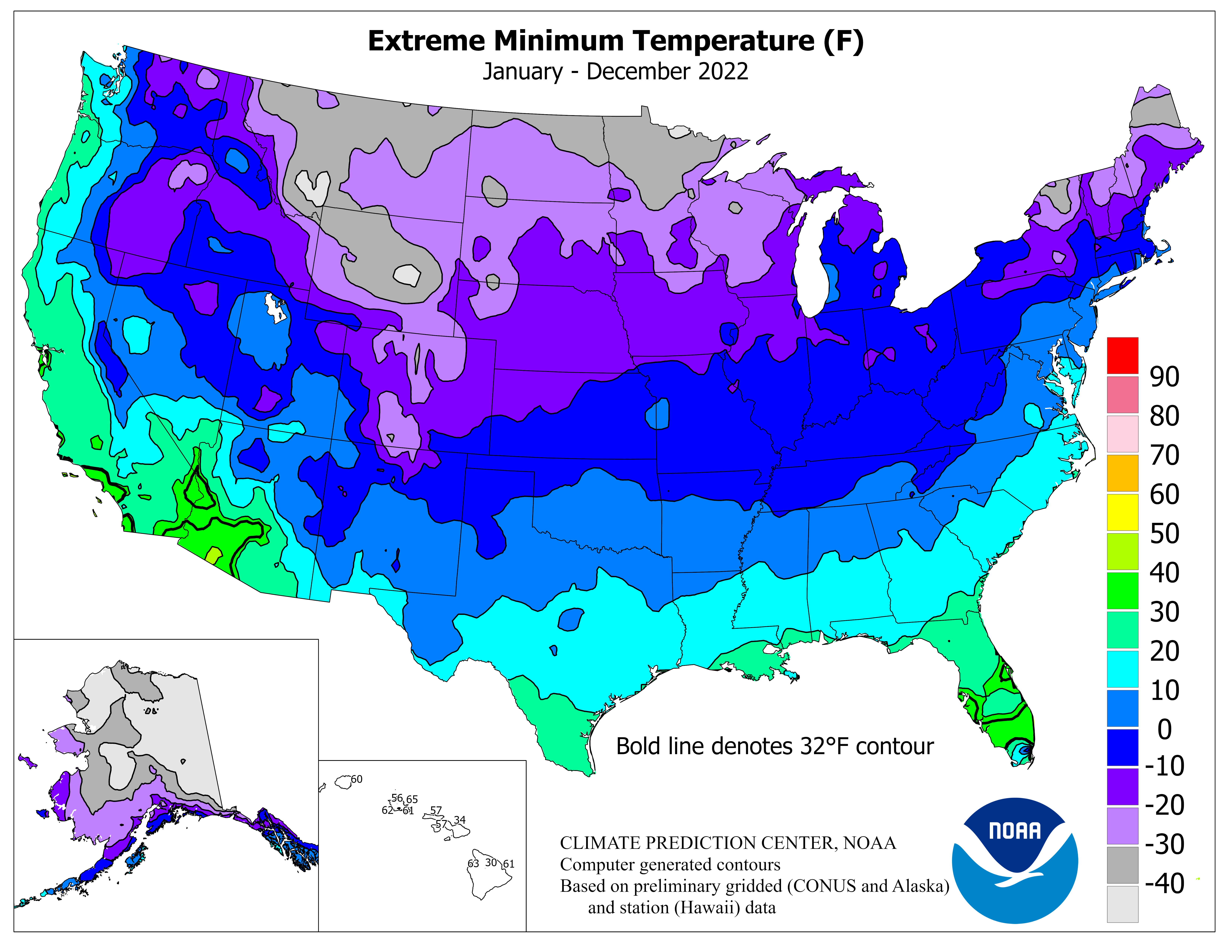 United States Twelve Month Extreme Minimum Temperature Graphic