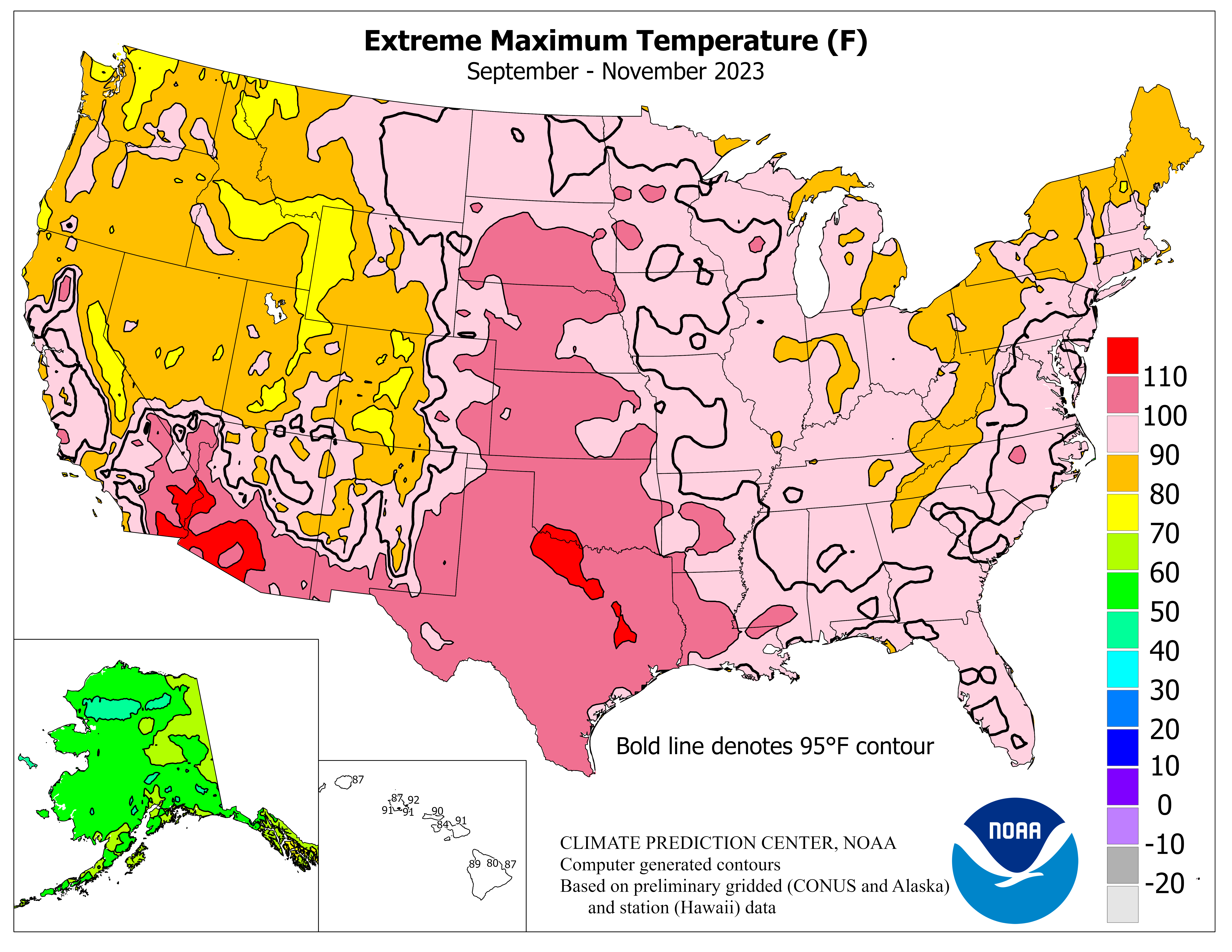 United States Three Month Extreme Maximum Temperature Graphic