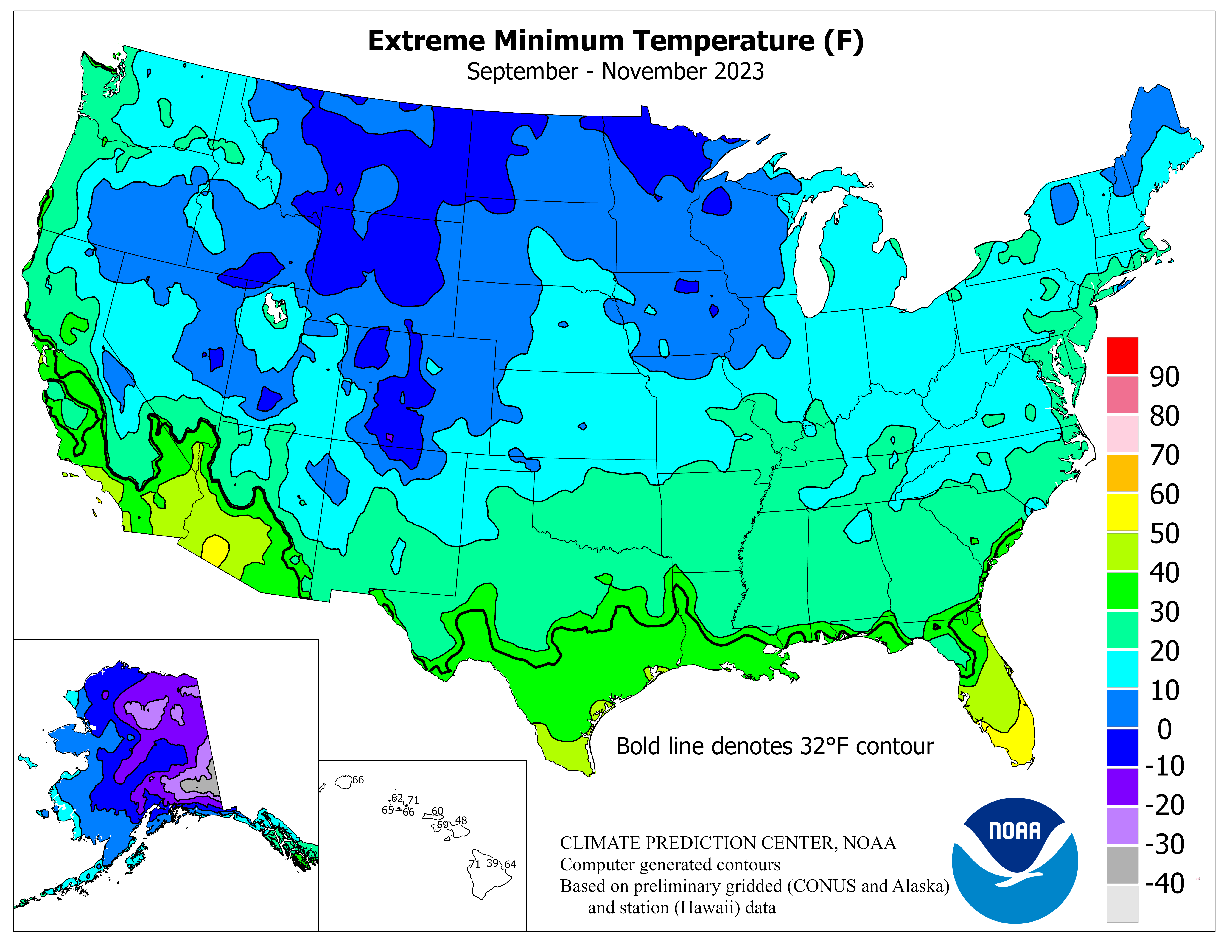 United States Three Month Extreme Minimum Temperature Graphic
