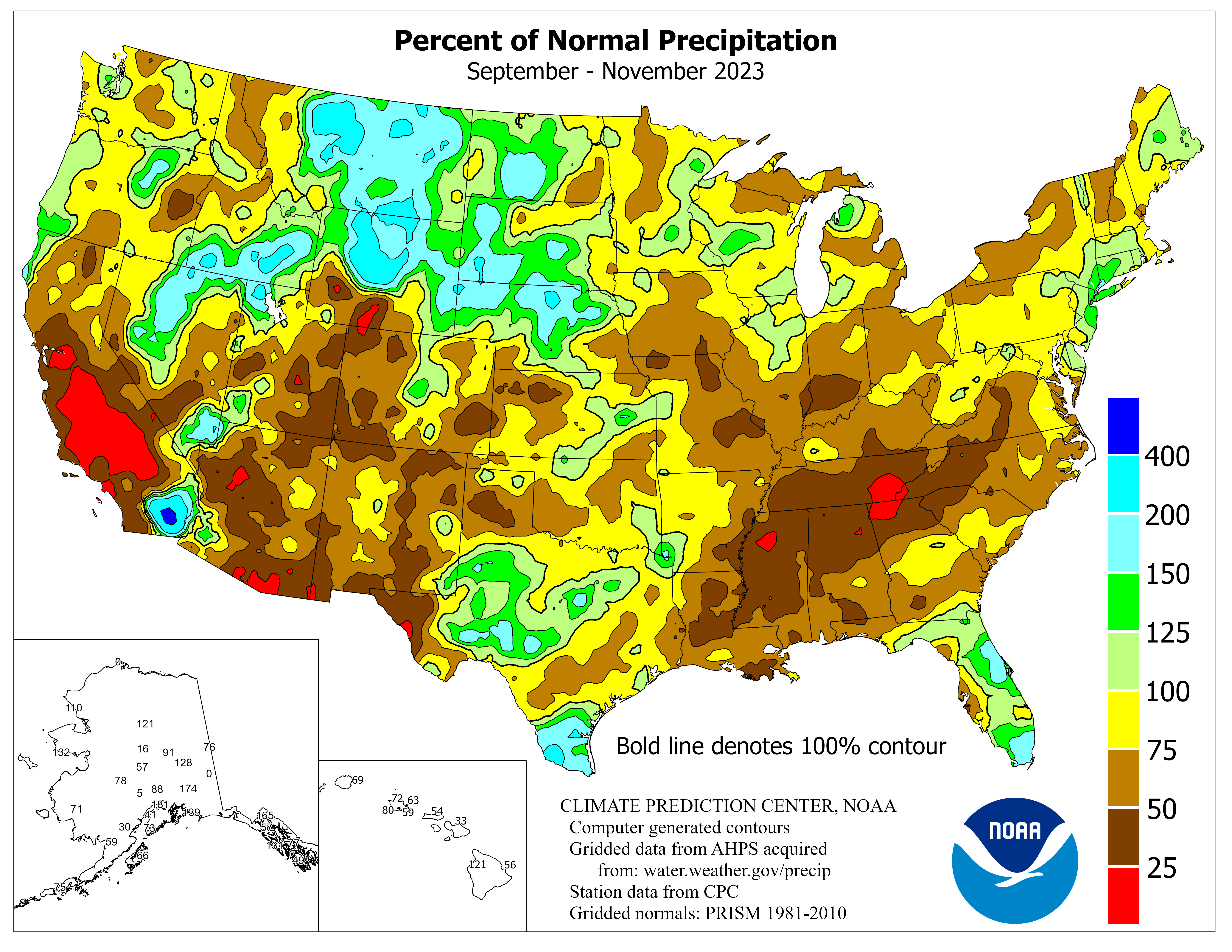United States Three Month Percent of Normal Precipitation Graphic