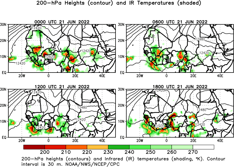 6 hour Africa 200 hPa Heights and IR Temperatures