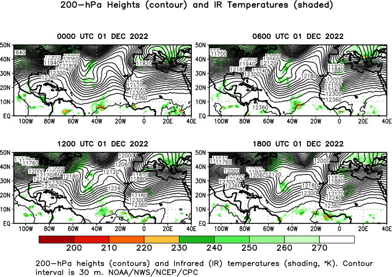 6 hour Atlantic 200 hPa Heights and IR Temperatures
