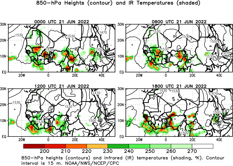 6 hour Africa 850 hPa Heights and IR Temperatures