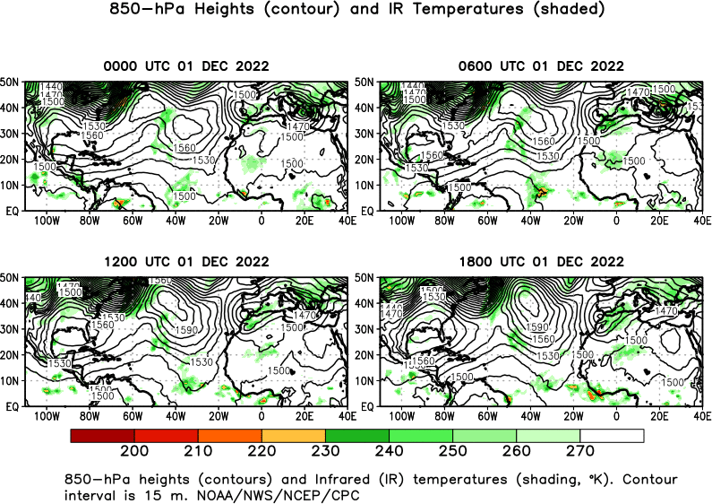 6 hour Atlantic 850 hPa Heights and IR Temperatures