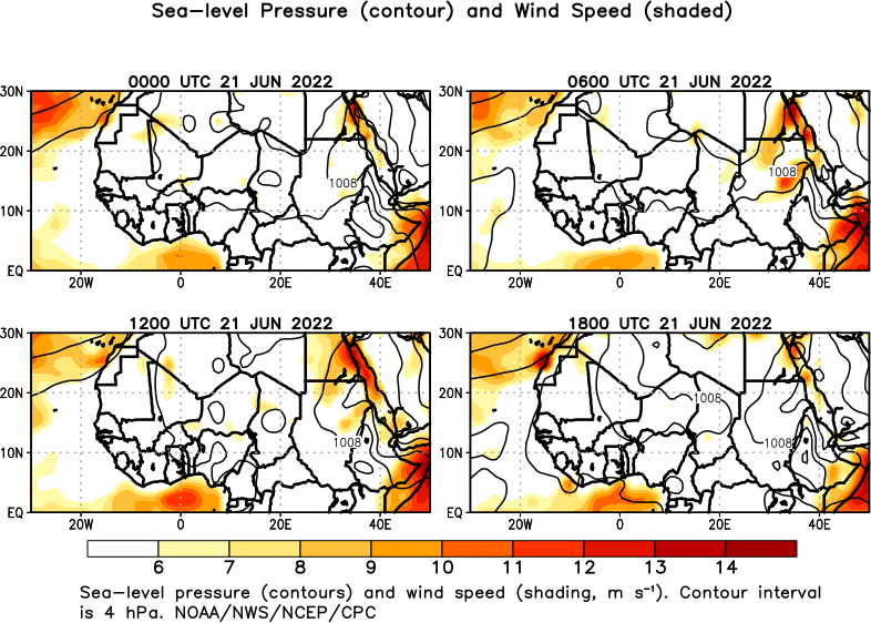 6 hour Africa 1000 hPa Heights and Wind Speed