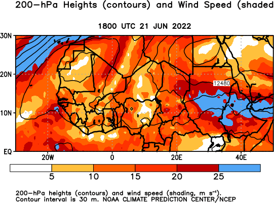 Africa Observed 200 hPa Heights and Wind Speed