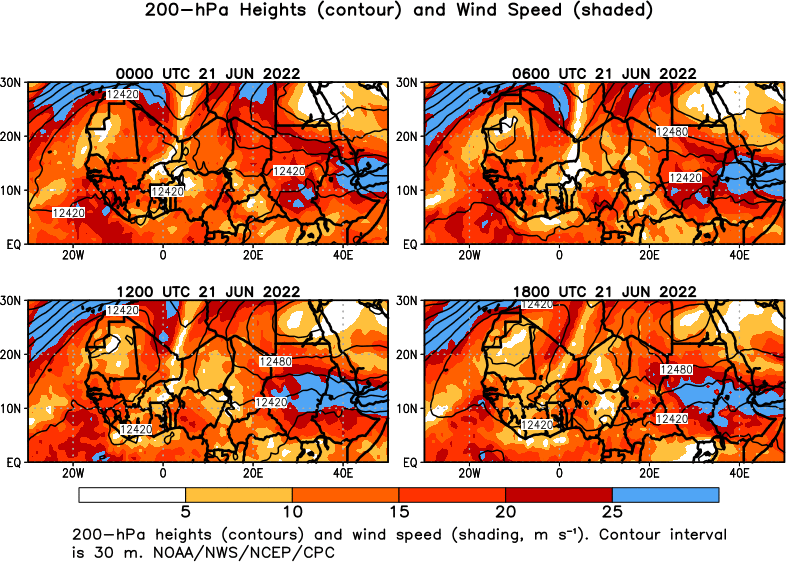 6 hour Africa 200 hPa Heights and Wind Speed