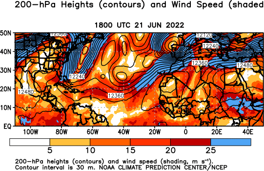 Atlantic Observed 200 hPa Heights and Wind Speed