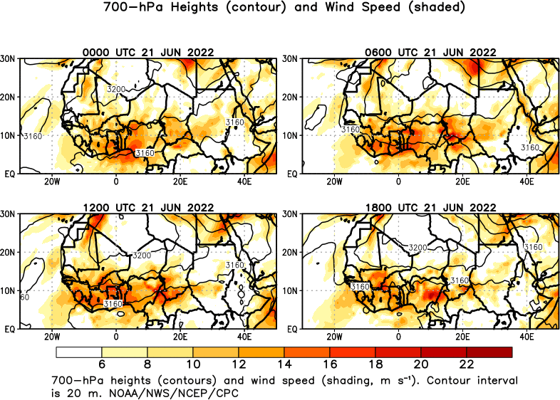6 hour Africa 700 hPa Heights and Wind Speed