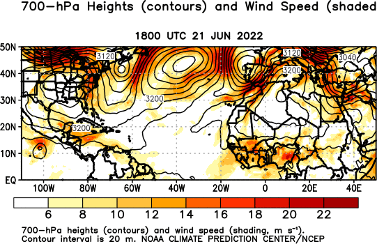 Atlantic Observed 700 hPa Heights and Wind Speed