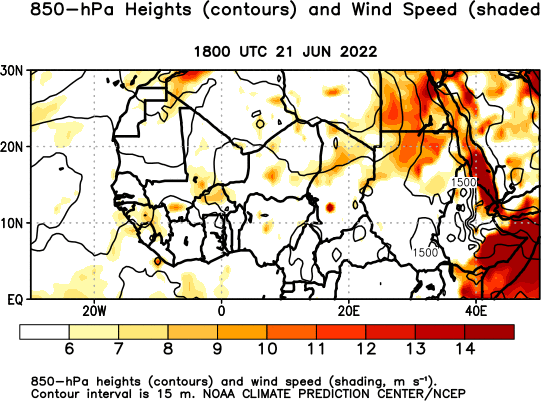 Africa Observed 850 hPa Heights and Wind Speed