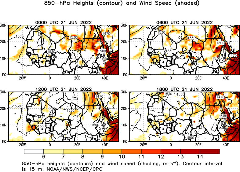 6 hour Africa 850 hPa Heights and Wind Speed