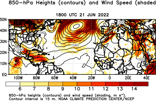 Atlantic Observed 850 hPa Heights and Wind Speed