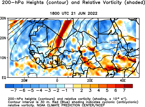 Africa Observed 200 hPa Heights and Relative Vorticity