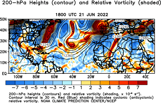 Atlantic Observed 200 hPa Heights and Relative Vorticity