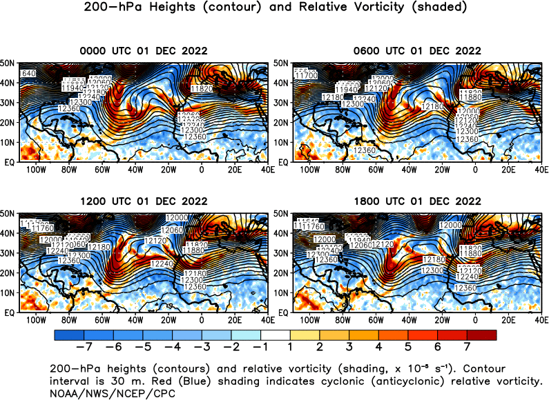 6 hour Atlantic 200 hPa Heights and Vorticity