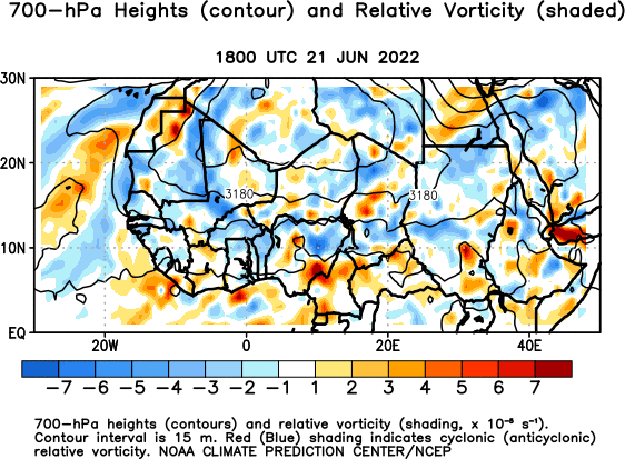 Africa Observed 700 hPa Heights and Relative Vorticity