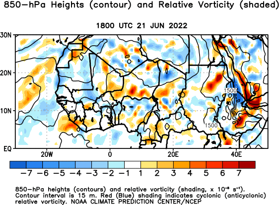 Africa Observed 850 hPa Heights and Relative Vorticity