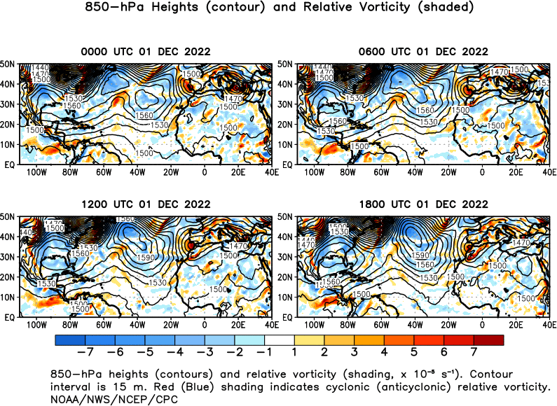 6 hour Atlantic 850 hPa Heights and Vorticity