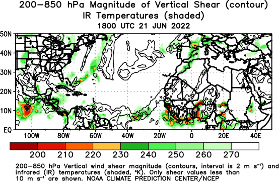 Atlantic Observed 200-850 hPa Vertical Wind Shear and IR Temperatures