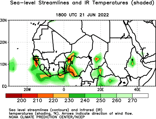 Africa Observed 1000 hPa Streamlines and IR Temperatures