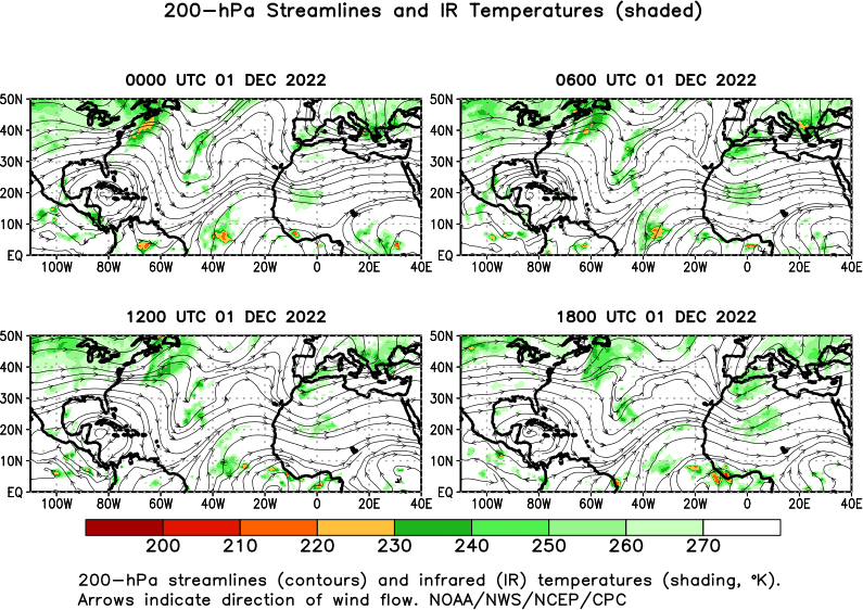 6 hour Atlantic 200 hPa Streamlines and IR Temperatures