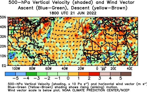Atlantic Observed 500 hPa Vertical Velocity and Winds