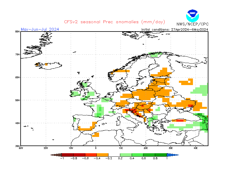 Seasonal weather forecast: precipitation in Europe in the coming months