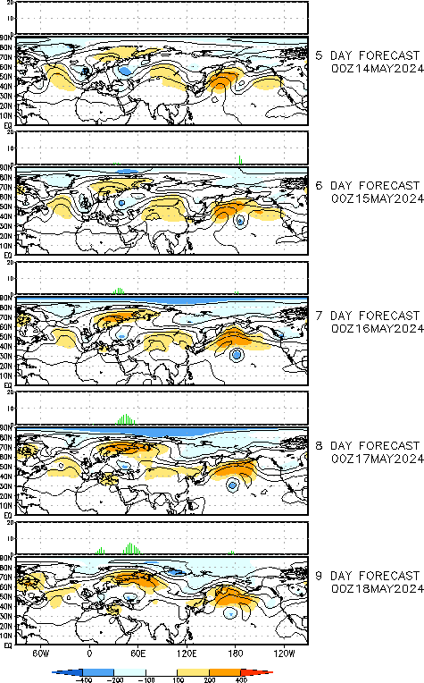 Day 5-9 GFS Forecast 500 hPa height field and anomalies for the current 00Z GFS forecast